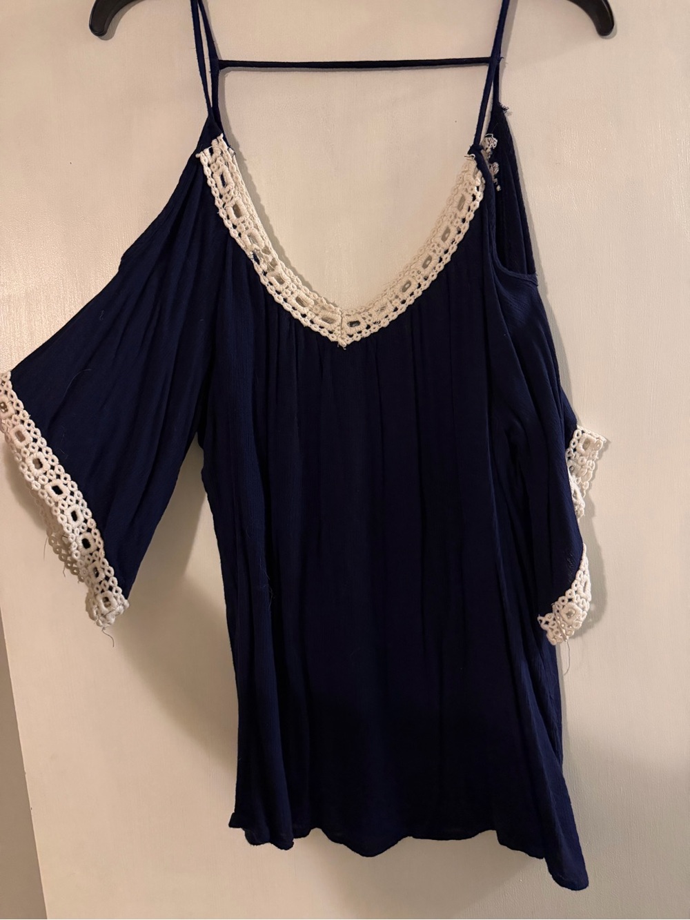 Charlotte Russe Navy Spaghetti-Strap Cold Shoulder Top with White Crochet Trim